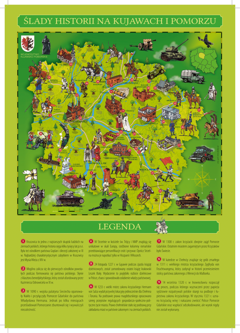 Mapa ukazująca historyczne punkty województwa kujawsko-pomorskiego