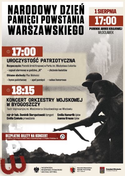Plakat promocyjny wydarzenia obchodu wybuchu powstania Warszawskiego we Włocławku