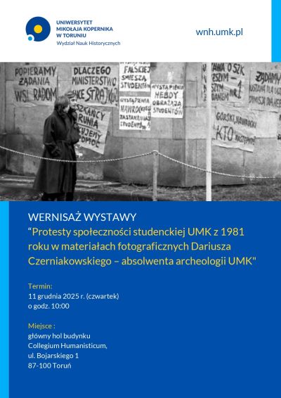 Zaproszenie na wernisaż wystawy pt. "Protesty społeczności studenckiej UMK z 1981 roku w materiałach fotograficznych...